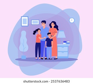 Happy hugging family vector illustration. Parents and children spend time at home, give support and care each other. Time for family bonding