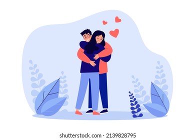 Happy hugs of couple of lovers. Woman and man embracing with smiles on romantic date flat vector illustration. Valentines day, love, romance concept for banner, website design or landing web page