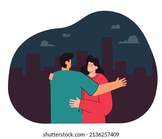 Happy hugs of couple at meeting. Midnight walk of man and woman on dark city street flat vector illustration. Romance, love, relationship concept for banner, website design or landing web page