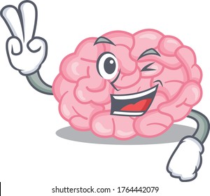 Happy human brain cartoon design concept with two fingers