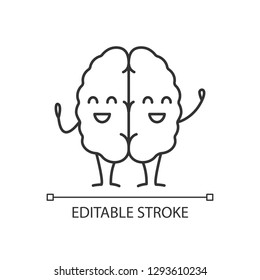 Happy human brain character linear icon. Thin line illustration. Healthy nervous system. Contour symbol. Vector isolated outline drawing. Editable stroke