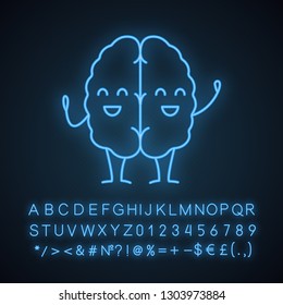 Happy human brain character neon light icon. Healthy nervous system. Glowing sign with alphabet, numbers and symbols. Vector isolated illustration