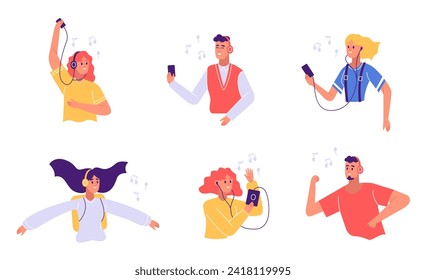 Happy human character enjoying audio music. Vector of joy from music in headphone or earphones, listening to audio illustration