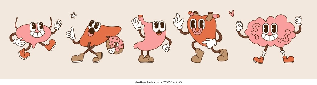 Happy human healthy strong organs set. Vector retro cartoon character illustration. Stomach, liver, bladder, heart, braim toons mascots in trendy 90s style.