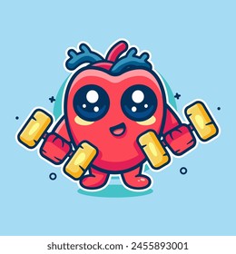 happy human heart organ character mascot doing bodybuilding using dumbbell isolated cartoon