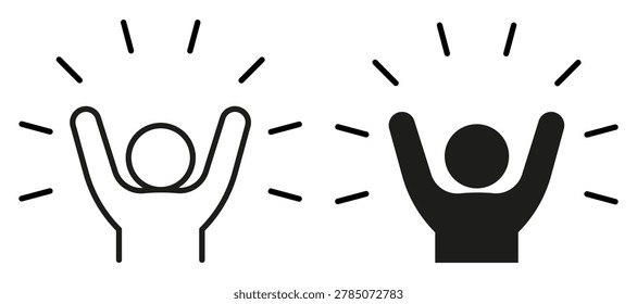 Happy human icon with raised arm line and black icon. Winner silhouette celebrating success and victory. Achievement symbol. Minimalist graphic pictogram. Vector illustration
