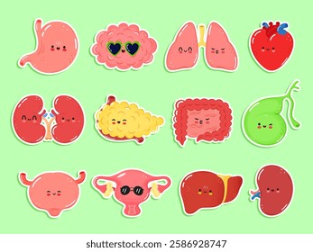 Happy human internal organs stickers. Cartoon human organ heart, liver, stomach, lungs, kidneys, pancreas, intestines, bladder, uterus, brain, spleen, bone, gallbladder. Internal organs stickers set