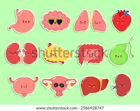 Happy human internal organs stickers. Cartoon human organ heart, liver, stomach, lungs, kidneys, pancreas, intestines, bladder, uterus, brain, spleen, bone, gallbladder. Internal organs stickers set