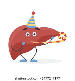 Happy human liver character in birthday cap celebrating fun party vector illustration