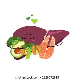Happy human liver with healthy food with a purple hearth in the background. Cartoon style liver hugging broccoli, walnut, salmon and avocado. Love your liver. Perfect for children's design.