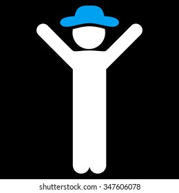 Happy Human vector icon. Style is bicolor flat symbol, blue and white colors, rounded angles, black background.