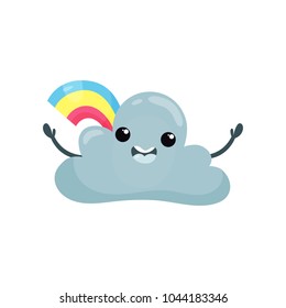 Happy humanized cloud with wide open arms and rainbow behind him. Cute weather emoji. Cartoon flat vector design for sticker, print or mobile game