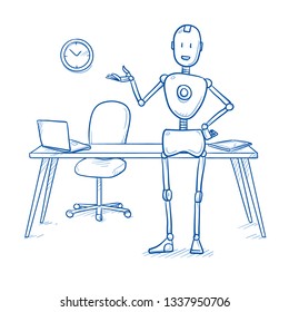 Happy humanoid robot in front of modern workspace. Artificial intelligence concept for hiring employees or coworking. Hand drawn blue line art cartoon vector illustration. 