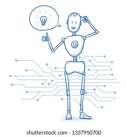 Happy humanoid robot with idea light bulb and thumb up. Artificial intelligence concept for creativity. Hand drawn blue line art cartoon vector illustration. 