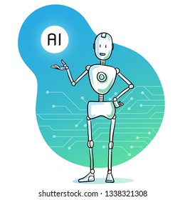 Happy humanoid robot presenting round AI sign or icon. Artificial intelligence concept.  Hand drawn cartoon sketch vector illustration, colored on trendy turquoise background. 