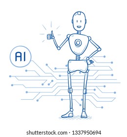 Happy humanoid robot showing thumb up with circuit board structure background. Artificial intelligence concept. Hand drawn blue line art cartoon vector illustration.