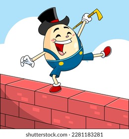 Happy Humpty Dumpty Egg Cartoon Character Walk The Wall. Vector Hand Drawn Illustration With Background