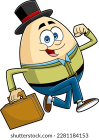 Happy Humpty Dumpty Egg Cartoon Character Running And Carries Briefcase. Vector Hand Drawn Illustration Isolated On Transparent Background