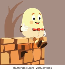 Happy Humpty Dumpty Egg Cartoon Character sat on the Wall. Vector Hand Drawn Illustration With Background