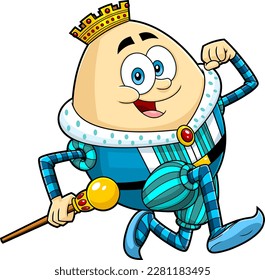 Happy Humpty Dumpty King Egg Cartoon Character Running. Vector Hand Drawn Illustration Isolated On Transparent Background