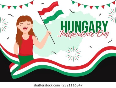 Happy Hungary Independence Day Vector Illustration with Hungarian Waving Flag Background in National Holiday Flat Cartoon Hand Drawn Templates