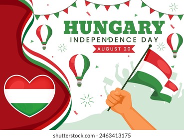 Ilustración vectorial del Día de la Independencia de Hungría con el fondo de la bandera ondeando húngara para el fondo plano nacional de la historieta del estilo de Festiva