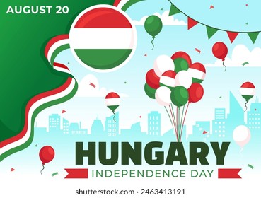 Ilustración vectorial del Día de la Independencia de Hungría con el fondo de la bandera ondeando húngara para el fondo plano nacional de la historieta del estilo de Festiva