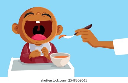 
Happy Hungry Baby Eating Delicious Food Vector Illustration. Cheerful 6-month-old infant consuming solid foods 
