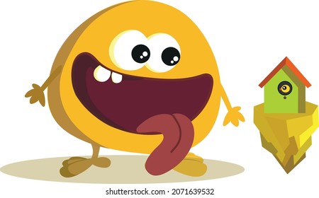 A happy hungry character and his Home