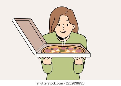 Happy hungry young woman excited about fresh tasty pizza in takeout box. Smiling girl look at delicious Italian fast food in takeaway package. Vector illustration. 