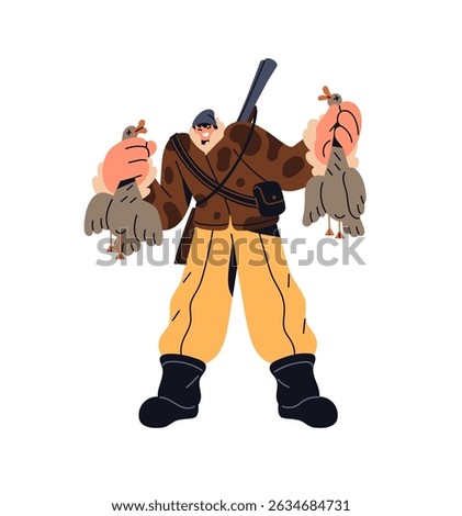 Happy hunter holds trophy of chase and smiles. Huntsman with shotgun and dead ducks in hands. Shooter with prey, birds after successful hunting. Flat isolated vector illustration on white background
