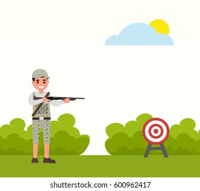 Happy hunter shoots at the target. Vector huntsman, gamekeeper in flat style 