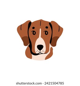 Happy hunting dog avatar. Cute puppy of shorthair breed. Amusing pup of hound. Funny doggy portrait, lovely terrier muzzle. Pet face, domestic canine animal. Flat isolated vector illustration on white