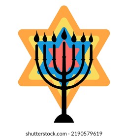 Happy Hunukkah icon Menorah and David star isolated on white background Black menora silhouette on bright colorful star Vector illustration in flat style for apps, web, greeting cards, posters 