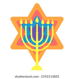 Happy Hunukkah icon Menorah and David star isolated on white background Golden menora silhouette on bright colorful star Vector illustration in flat style 