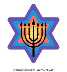 Happy Hunukkah icon Menorah and David star. Black menora silhouette on bright colorful star. Vector illustration in flat style isolated on white background 