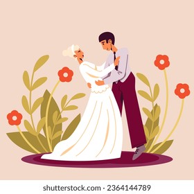 Happy husband dancing with bride. Happy couple celebrating wedding outdoors in summer. Beautiful wedding couples in park. Vector illustration in cartoon style