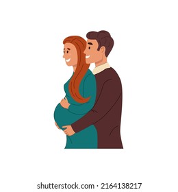 Happy Husband Hugging his Pregnant Wife from behind. Young Couple is Expecting a Baby. Future Parents Portrait. Color Flat Vector Illustration Isolated on White Background