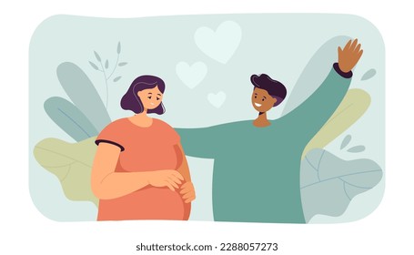 Happy husband and pregnant wife smiling and holding belly. Married couple expecting baby, cheerful black man and Caucasian woman flat vector illustration. Happiness, love, family, pregnancy concept