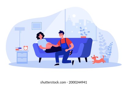 Happy husband touching belly of pregnant wife. Future parents in living room, woman lying on sofa flat vector illustration. Pregnancy, family concept for banner, website design or landing web page