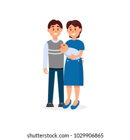 Happy husband and wife embracing their newborn baby. Young family couple. Parenthood concept. Cartoon people characters. Happy parents. Colorful flat vector design