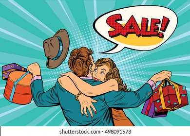 Happy husband and wife on sale, pop art retro vector illustration