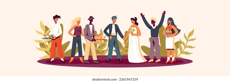 Happy husband and wife standing on stage, holding each other hands. Friends celebrate, greeting couple with gifts. Beautiful wedding couple concept. Flat vector illustration in cartoon style