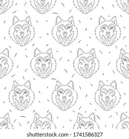 Happy Husky dog seamless pattern with its fur. Black and white. Colored page background. Linear illustration
