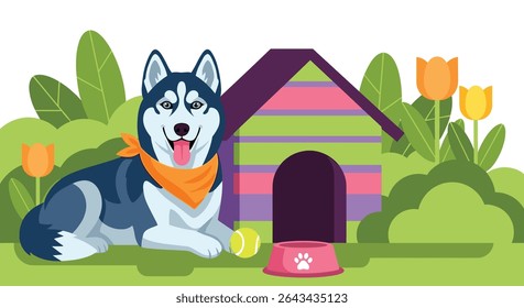 Happy Husky Smiling In The Garden With House Full Of Flowers And Ball