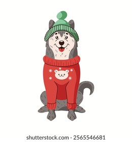 Happy husky wearing hat and sweater flat color vector character. Fluffy pet friend in warm winter clothing sitting illustration on white background