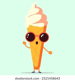 Happy ice cream cone character wearing sunglasses, perfect for summer, dessert, fun, and playful designs