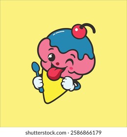 Happy ice cream cone mascot with sprinkles and cherry on top, cheerful face licking itself, vibrant pastel colors, cartoonish and delightful style, perfect for a dessert shop or ice cream brand logo.