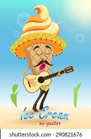 Happy ice cream in the form of a cartoon of a man playing the guitar.