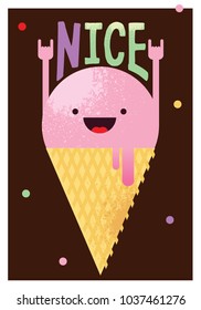 happy ice cream with smile on his face and hands up vector illustration